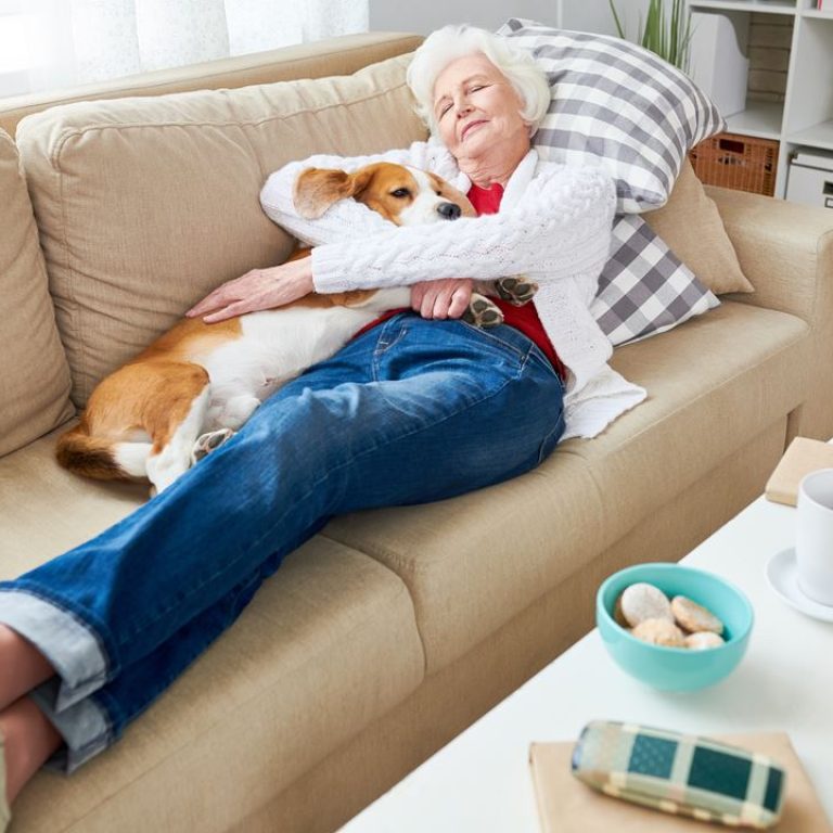 senior-woman-enjoying-nap-with-dog-DKX6QAR